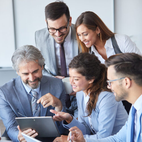 businessman office portrait corporate meeting tablet