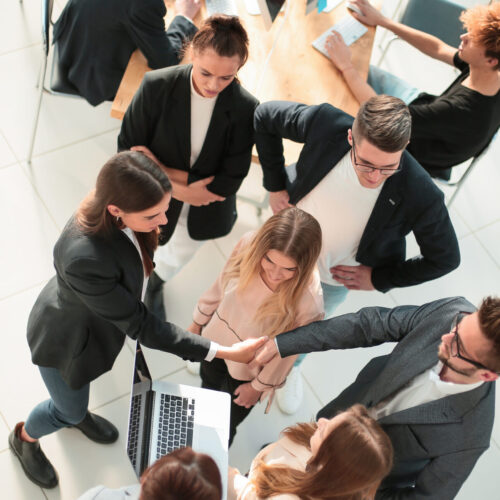 top view. a group of young business people in a modern office.